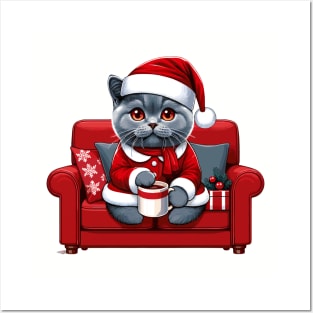 British Shorthair Cat Drinking Coffee Christmas Posters and Art